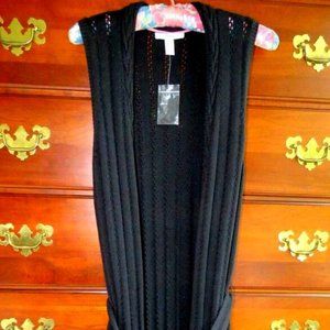 New NWOT Sz XXS Isaac Mizrahi Black Pointelle Knit Midi Sweater Vest w/Belt